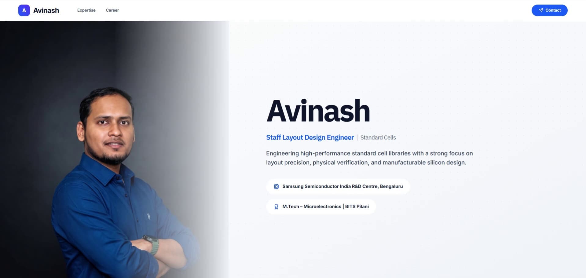 Finished Avinash — Staff Silicon Design Portfolio website walkthrough
